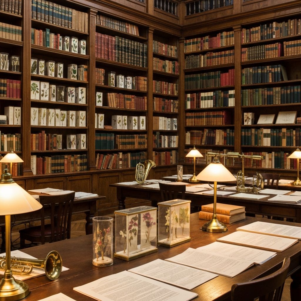 Scholarly research environment with botanical specimens and literature